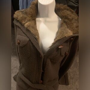 Ruehl Y2K coat sold at Abercrombie wool exter fur lined with rabb fur interior L